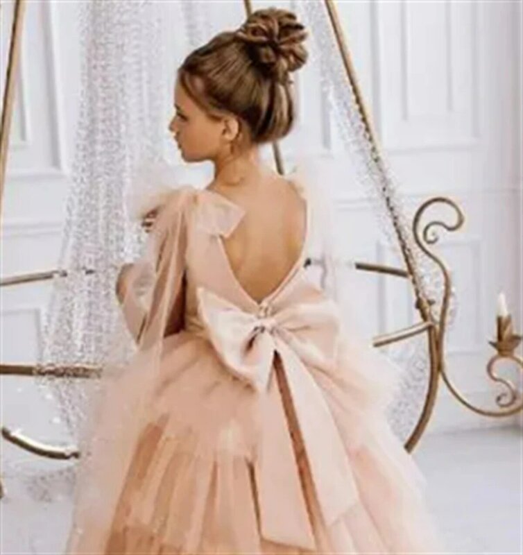 Champagne Flower Girl Dress Layered Tulle Puffy For Wedding Sleeveless Floor Length Birthday Party First Communion Ball Gowns