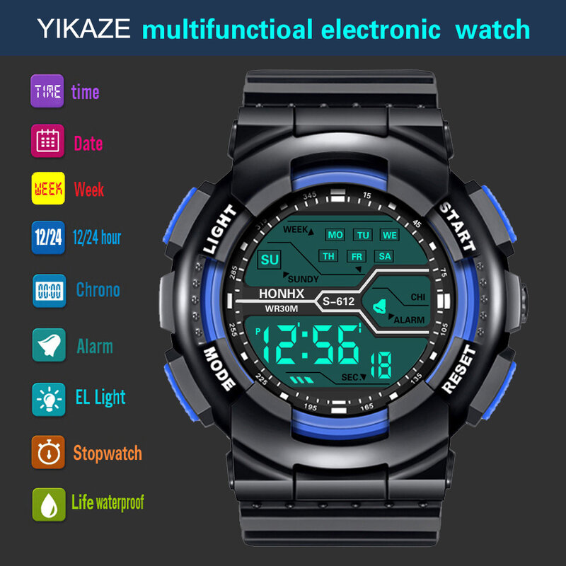 Homens multifuncionais tela grande LED relógio eletrônico, impermeável luminosos militares Digital relógios de pulso, esporte ao ar livre