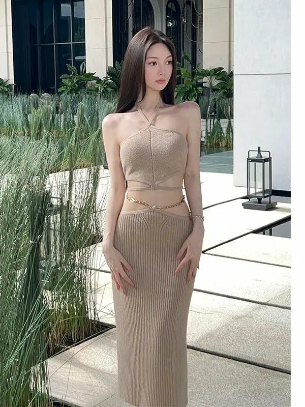 Famous Lady Temperament Knit Hanging Neck Tank Top Wrap Hip Skirt Two Piece Set Women Lace Up Backless Collarbone Spicy Solid