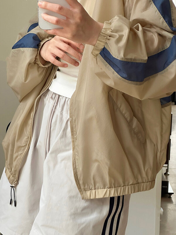 2024 musim panas wanita Vintage Korea luar ruangan kasual berdiri kerah jaket ritsleting ringan mantel pelindung matahari Y2K Streetwear