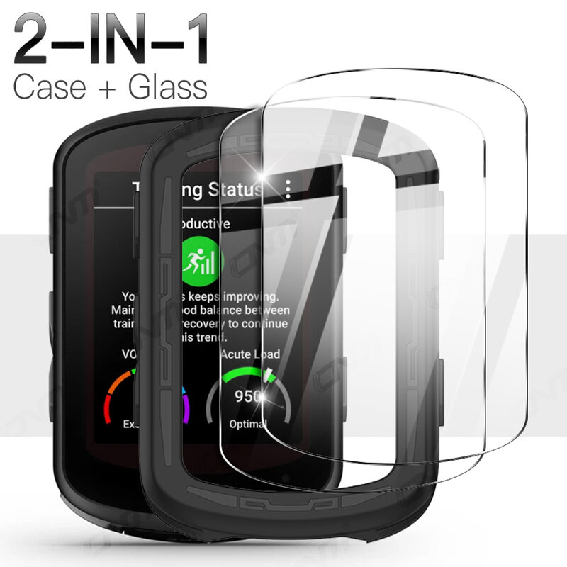 Funda 2 en 1 + cristal templado para Garmin Edge 540 / 840 GPS, Protector de pantalla para cronómetro de bicicleta, película de vidrio y cubierta de silicona