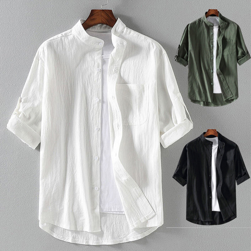 Spring and Summer Stand Collar Five-point Mid-sleeve Fashionable Men's Short-sleeved Shirt Seven-point Sleeve Large Size Men's