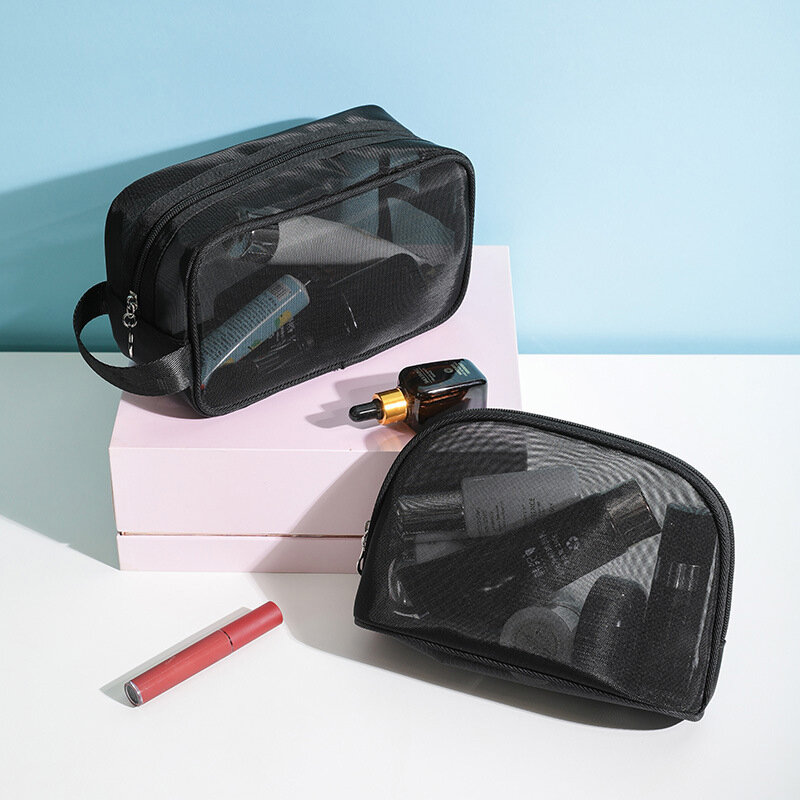 1pc preto malha maquiagem sacos mulheres meninas transparente cosméticos armazenamento bolsa de viagem portátil lavagem kits batom higiene pessoal organizador