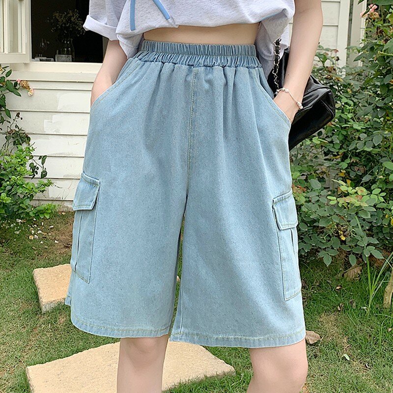 Jeans Casual a vita alta al ginocchio donna nuovo 2024 estate stile coreano doppie tasche Basics pantaloni corti in Denim femminile W1714