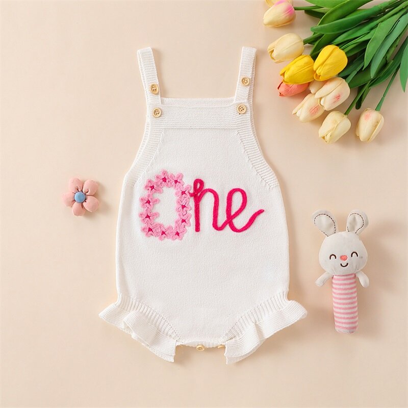 Baby Girl Birthday Outfit One Romper Sleeveless Jumpsuit Flower Embroidery Overall  Newborn Cake Smash Clothes