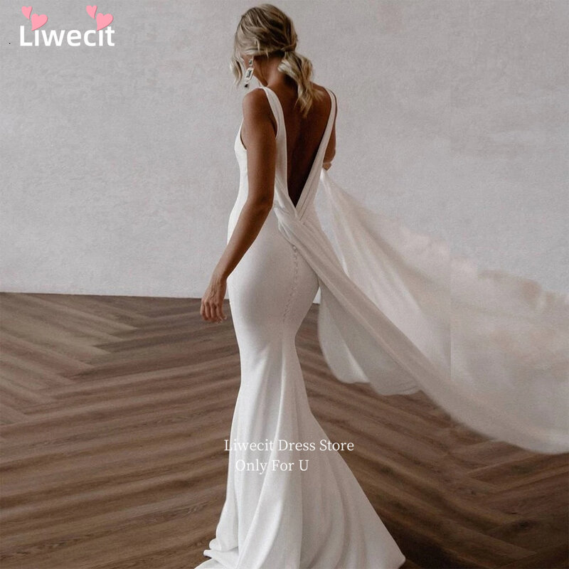 Liwecit-vestido de novia de sirena con escote en V profundo, ropa de crepé lisa, desmontable, sin mangas, espalda abierta