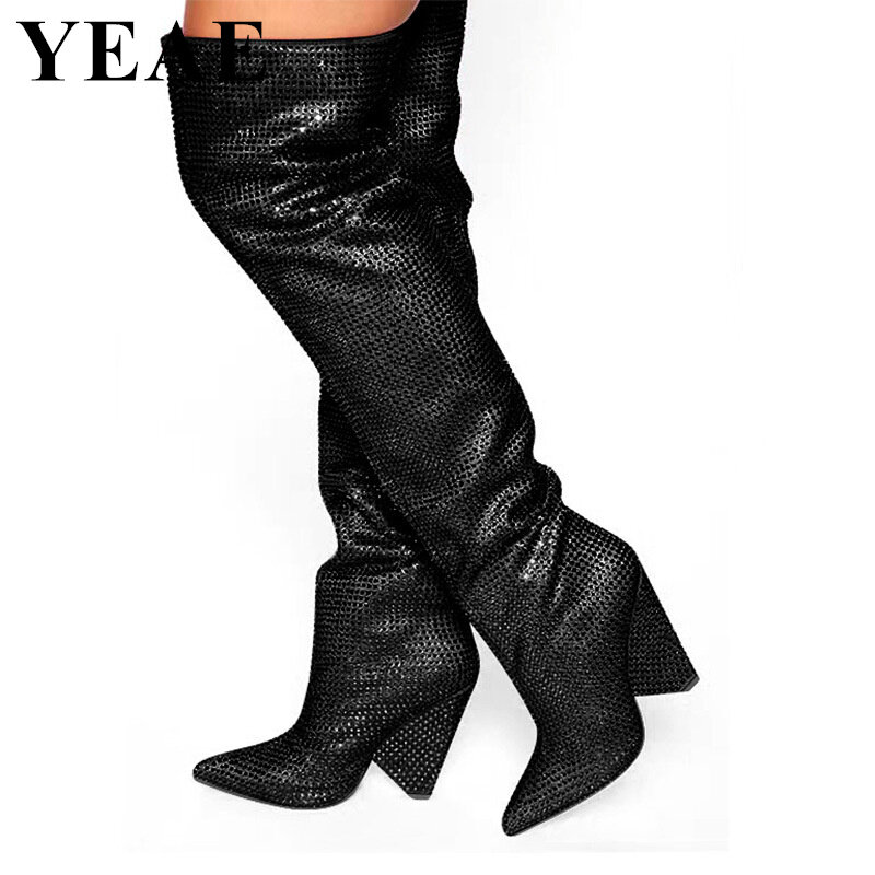 Luxury Rhinestone Spike Heel Over The Knee Boots Women Bling Crystal High Heel Party Shoes Female Pointed Toe Thigh High Boots