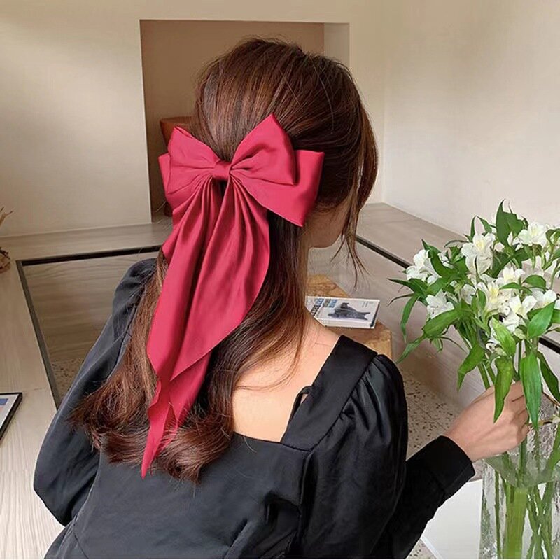2023 New Women Large Bow Hairpin Summer Chiffon Big Bowknot Stain Bow Barrettes Women Solid Color Ponytail Clip Hair Accessories