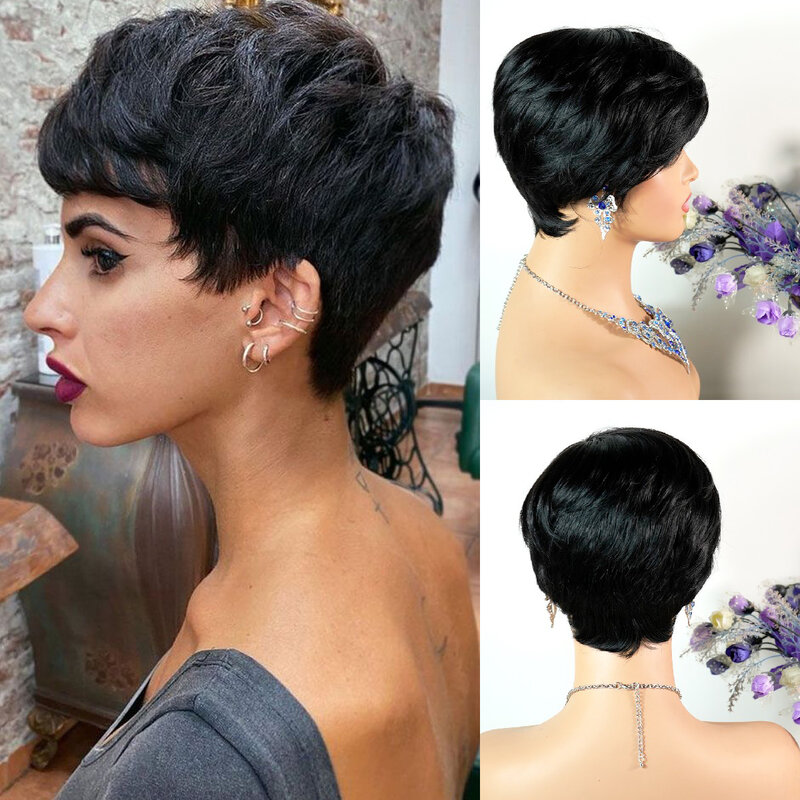 女性のためのフリンジ付きのナチュラルブラックピクシーウィッグ,ブラジルのレミーの人間の髪の毛,短いボブカット,レイヤードヘアピース,100%
