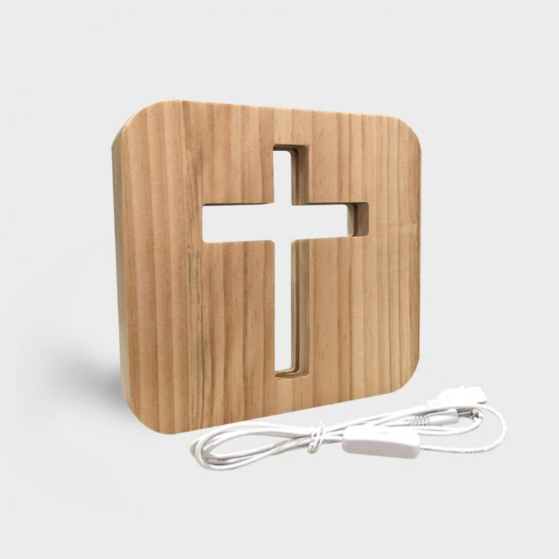 Home Decoration Solid Wood Bedside Table Lamp Desktop 3D Wooden Cross USB Wooden LED Small Night Light