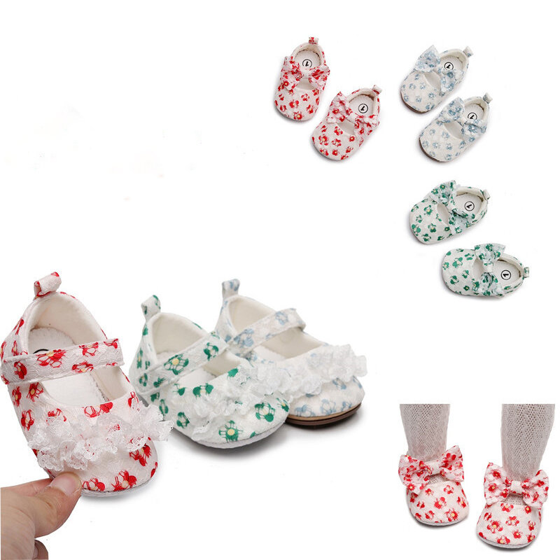 유아 첫 걸음마 걷기 신발, 레이스 인쇄 활 매듭 공주 신발, 용수철 및 가을