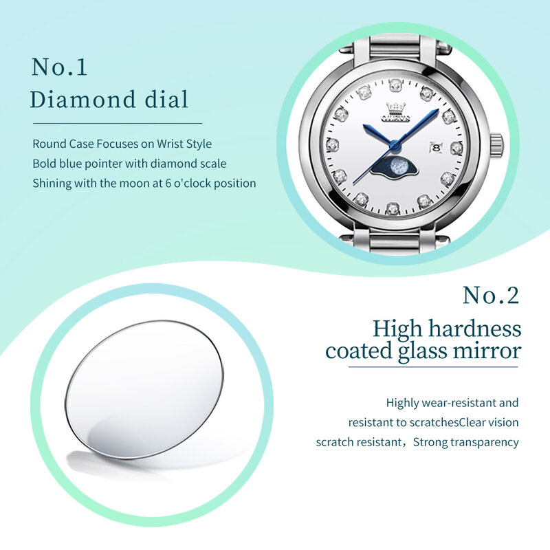 Olevs-女性のための高級ダイヤモンドクォーツ時計,ステンレス鋼のブレスレット,防水時計,ファッショナブル,日付,月のフェーズ,新品