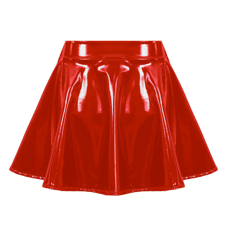 Women's Lacquer Leather Glossy Pleated Short Skirt Large Size Loose Casual Half Length Skirts Solid Color A-Line Skirt For Women