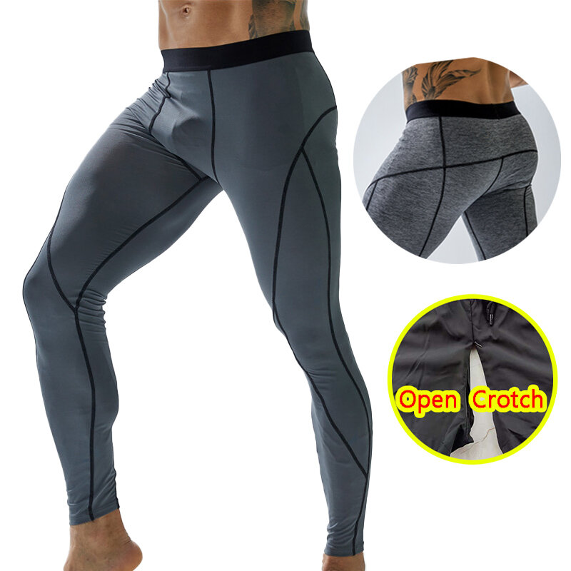Men Gym Open Crotch Leggings Thermal Sport Elastic Crotcless Pants Basketball Train Breathable Panties Clubwear Casual Trousers
