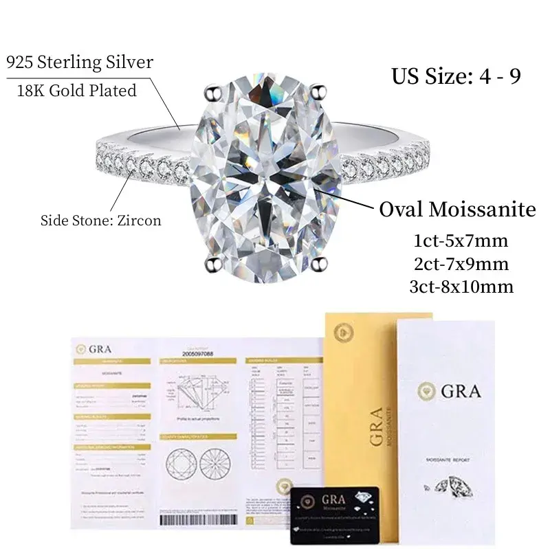NKHOG 1ct 2ct 3ct ovale Moissanite anello donna 925 Sterling Silver D Color VVS Pass Diamond Test fede nuziale No Fade Rings GRA