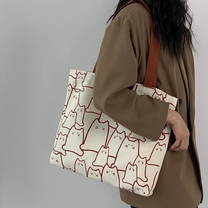 Bolsa de lona para mulheres, sacola fofa de gato com zíper, bolsa designer, desenho animado estilo japonês, bolsa de ombro pequena