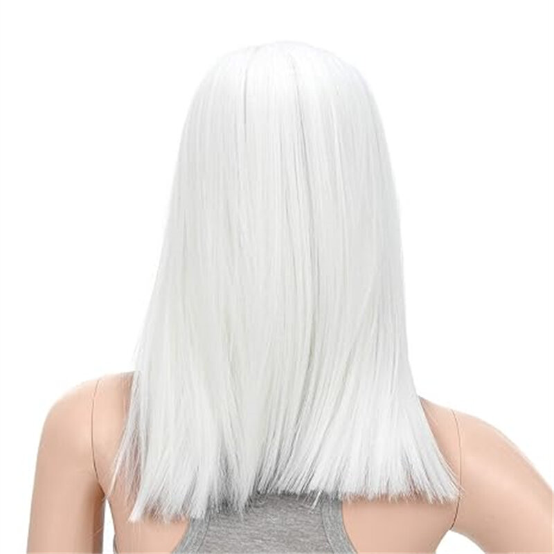 14-Inch Short Straight Middle Hair Straightener Woman Medium Length Synthetic Heat Resistant Wigs for Women with Wig Cap (White)