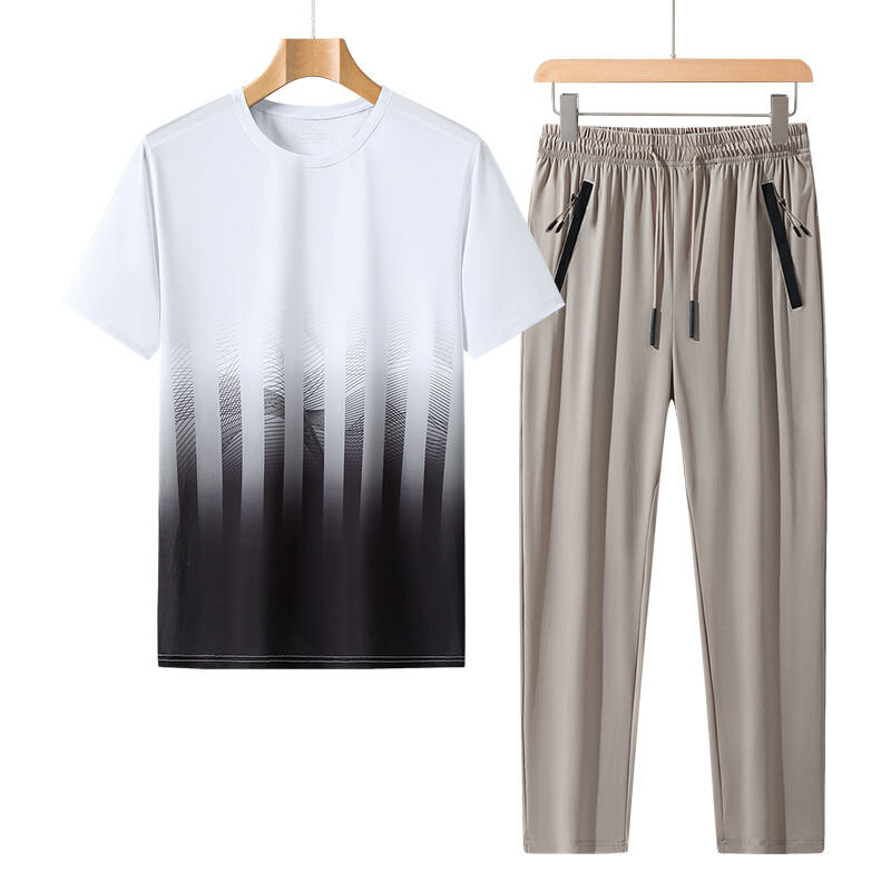 Conjunto de camiseta e calça de seda gelada masculina, conjunto casual solto confortável de duas peças, tamanho grande, nova tendência da moda, verão 2024