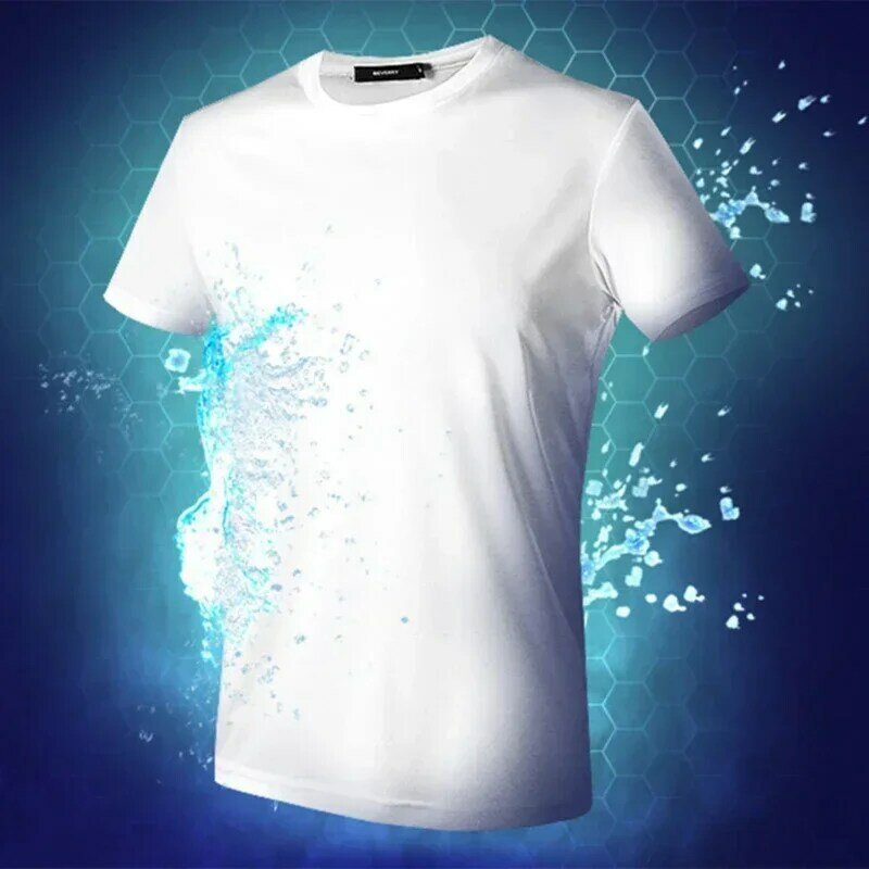Camiseta de cor sólida hidrofóbica antisuja dos homens, A3450, macia, manga curta, secagem rápida, impermeável, desgaste respirável, desgaste criativo