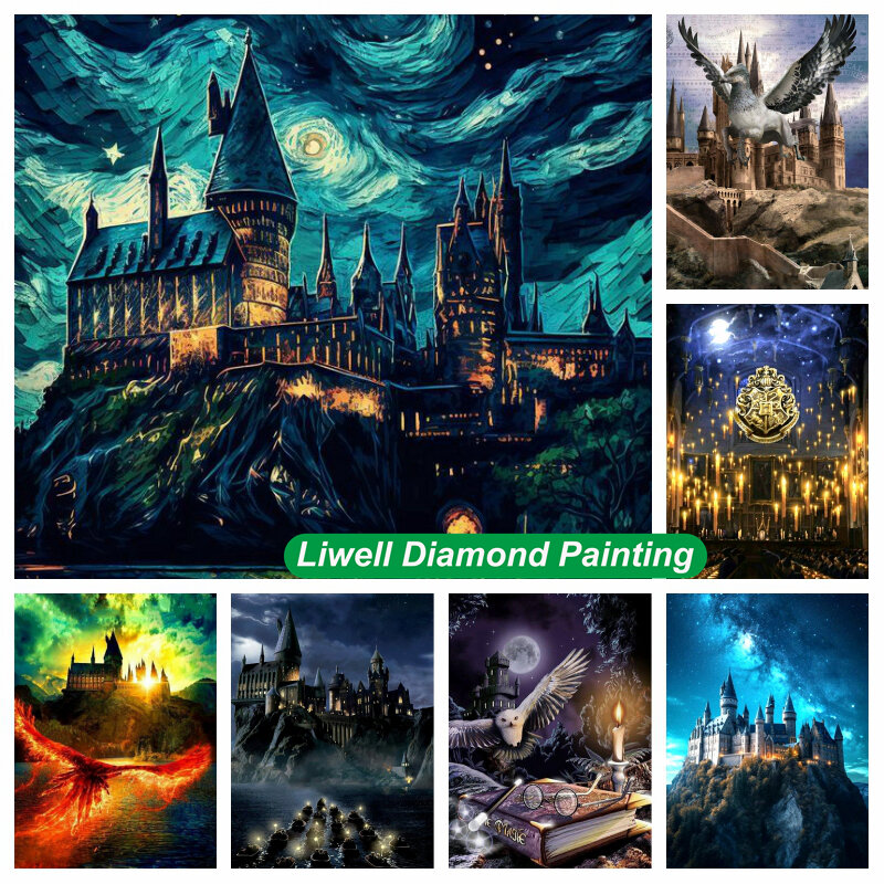 DIY Diamante Pintura Arte, Dark Fantasy Castle, Águia Mágica, Voar no Grande Lago, Mosaico Paisagem, Ponto Cruz, Decoração de Casa, Presente