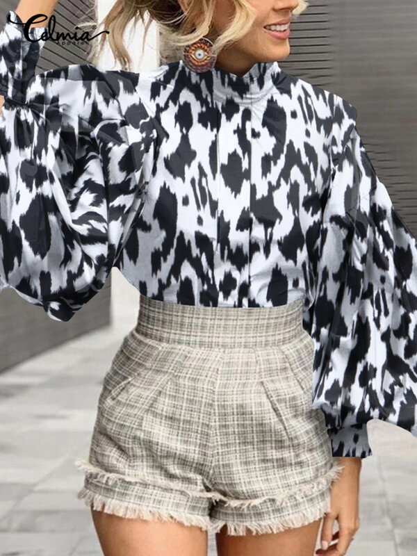 Celmia-blusas femininas com estampa leopardo, manga lanterna, gola, túnica chique, streetwear, tops grandes, moda casual, 2023