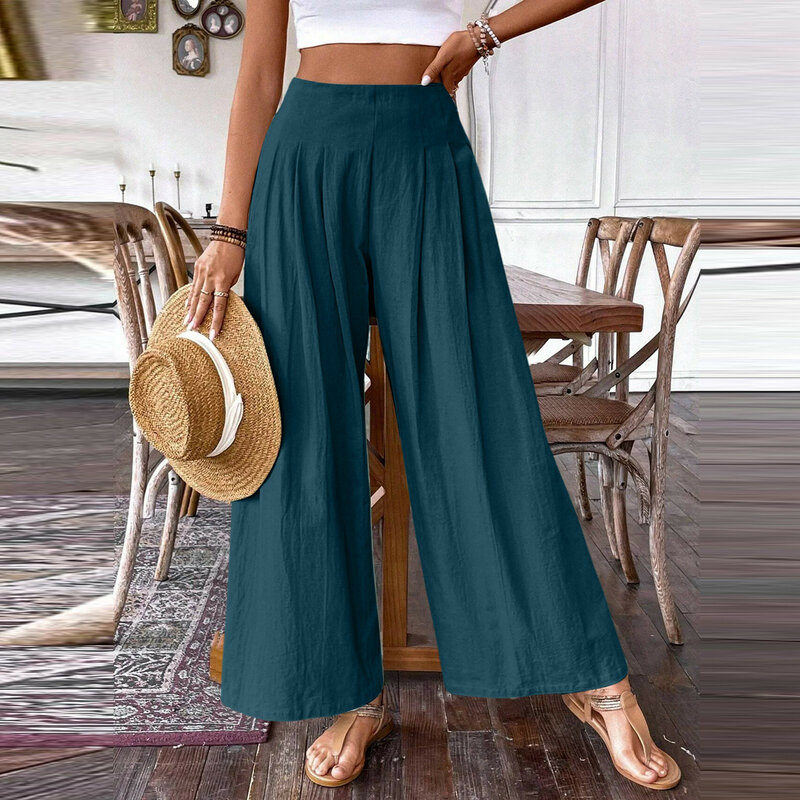 Pantalones holgados informales para mujer, pantalón largo de cintura media, Color sólido, plisado, pierna ancha, ropa femenina