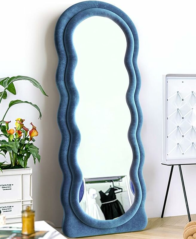 Floor Mirror with Stand, Full Length Wall Mounted Irregular Wavy Mirror, Flannel Wrapped Wooden Frame Blue Mirrors