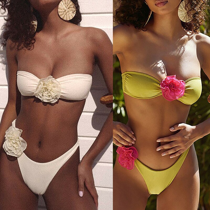 Conjunto de biquíni floral sexy em bandeau feminino, maiô de cintura alta, moda praia feminina, micro roupa de banho, 2022