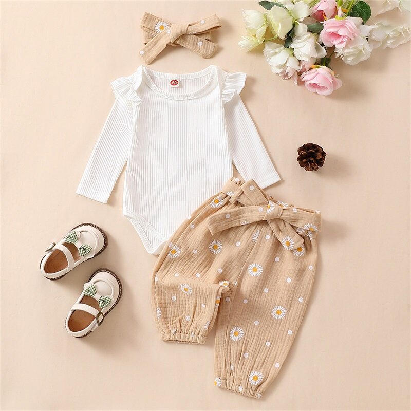 Visogo-赤ちゃんの女の子のデイジープリントウェアセット、幼児、白、長袖、フリルロンパース、ベルト付きパンツ、ヘッドバンド、衣類セット、3個