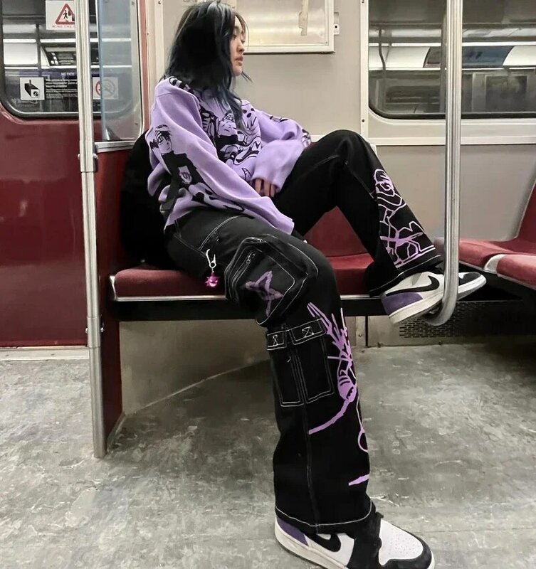 Y2K celana kargo wanita, jeans hitam hip hop pakaian jalanan kasual bercetak model Harajuku modis baru 2023