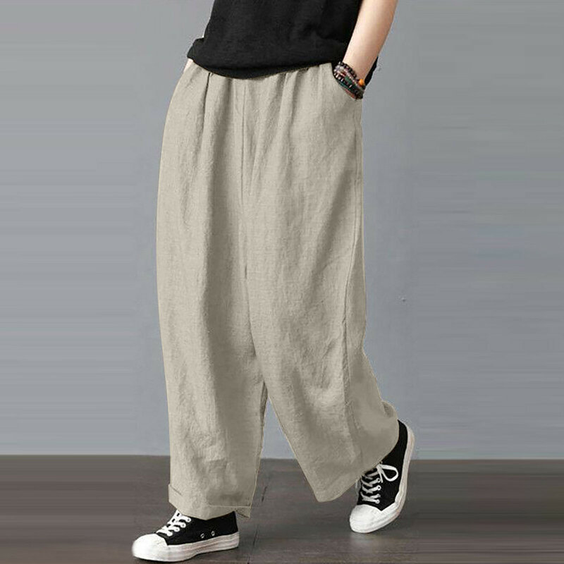 Calças de algodão de perna larga feminina, calças coreanas oversize, calças cortadas de cintura alta, outerwear bolso feminino, roupa Bloomers reta