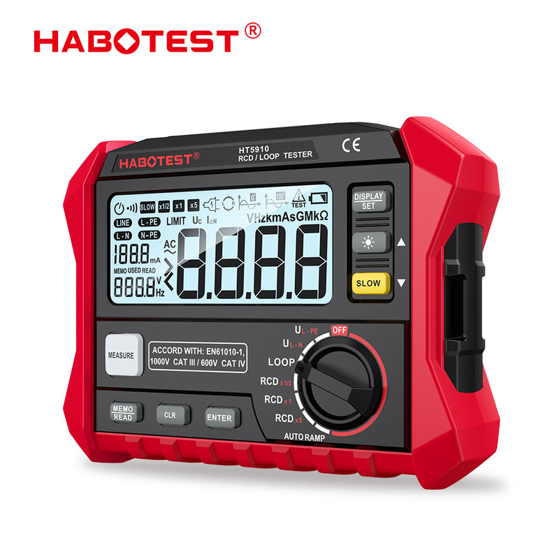 Habotest เครื่องวัด HT5910รั่ว, เครื่องวัดความต้านทานดิจิตอล LCD เครื่องทดสอบ Rcd/LOOP 1000เก็บข้อมูลโวลต์มิเตอร์ megohmmeter