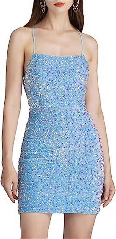 Sexy Short Party Dress For Women Sequins Backless Cross The Straps Sleeveless Prom Dresses Fashion Bodycon Ladies Nightclub Gown
