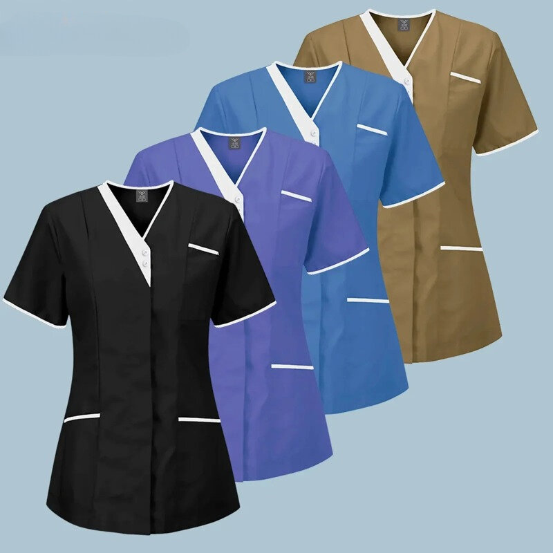 하이 퀄리티 단색 간호 스크럽 탑, 여성 유니폼, 애완 동물 클리닉 간호사 블라우스, 의료 의사 작업복, 도매 신제품