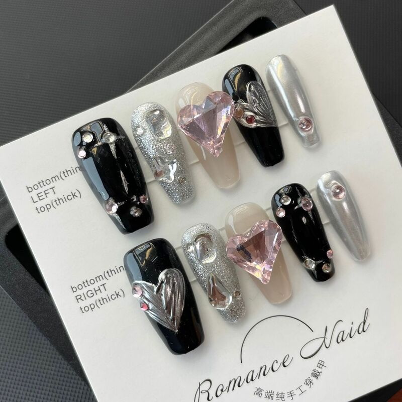 Czarne różowe ręcznie robione paznokcie na pełnym pokryciu Manicuree wielkie serce diamentowe sztuczne paznokcie do noszenia sztuczne z zestawem narzędzi