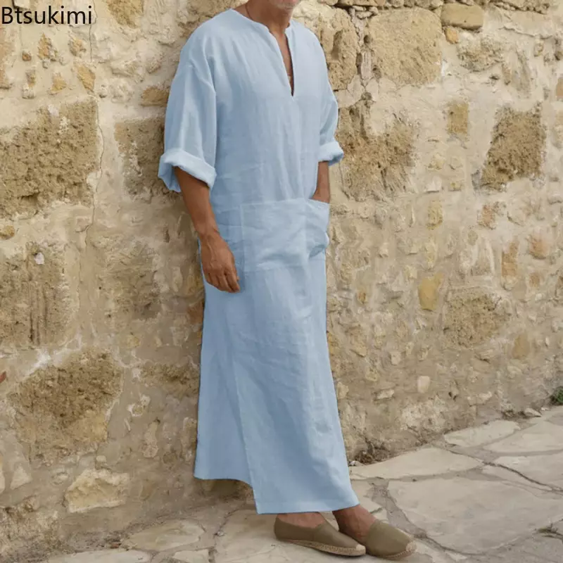 Plus Size 4XL 5XL Men's Muslim Robe V-neck Casual Cotton/Linen Pockets Loose Long Sleeve Vintage Arab Ethnic Islamic Dress Male