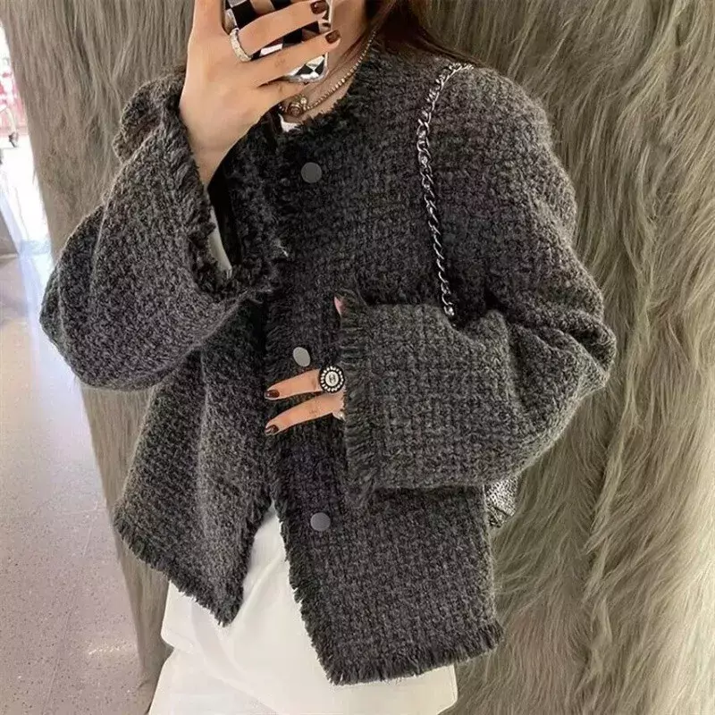 Wool Blends Autumn Quilted Grey Fringed Jacket  Feminina Long Sleeve Tailored Coat Women's Clothing Chaqueta Mujer