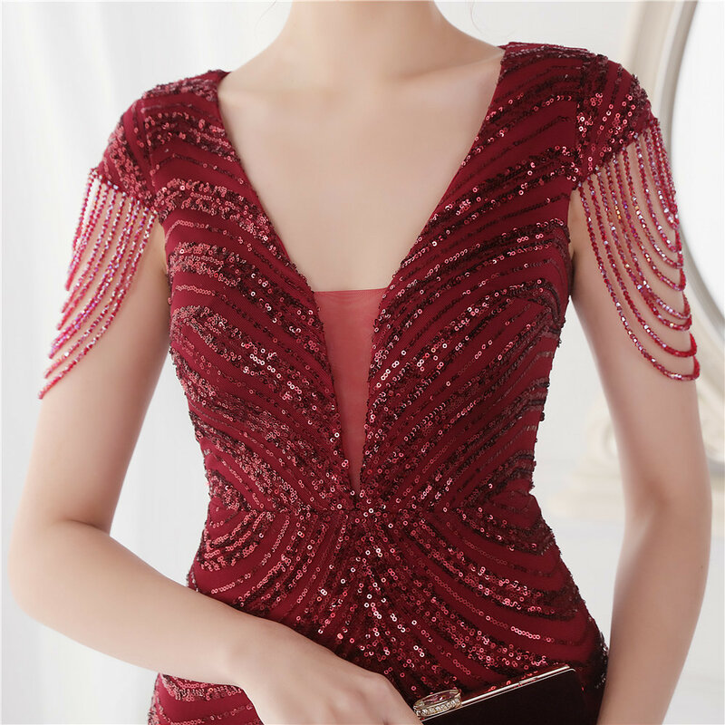 Luxury Red Sequins Mermaid Evening Dress Sparkling Beading Robe De Mariée V Neck Sleeveless Pageant Guest Party Prom Gown