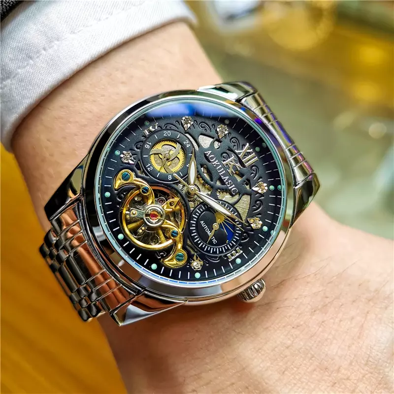 AOKULASIC Men's Mechanical Automatic Watch Luxury Brand Watches Male Tourbillon Fashion Business Sport Hollow Wristwatch 2023
