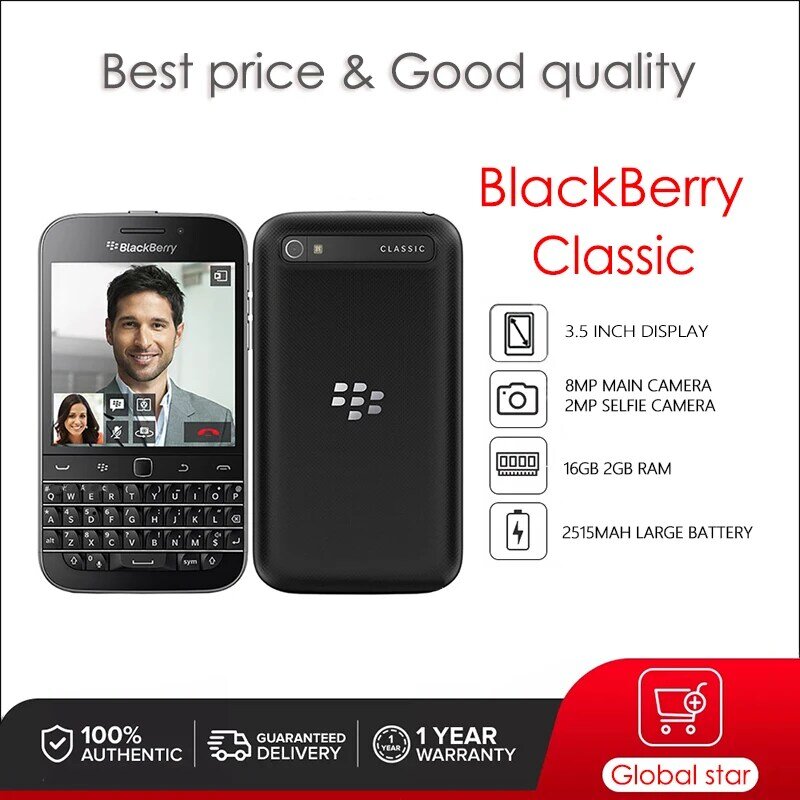 BlackBerry Classic-Téléphone portable débloqué, appareil photo 8MP, remis à neuf, original, Q20 -5, 16 Go, 2 Go de RAM, livraison gratuite