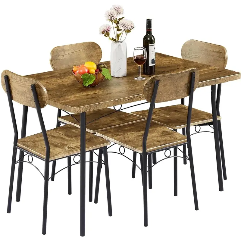 4-seater mesa de jantar e cadeira conjunto, mesa de café da cozinha, cor marrom, conjunto de 5 peças