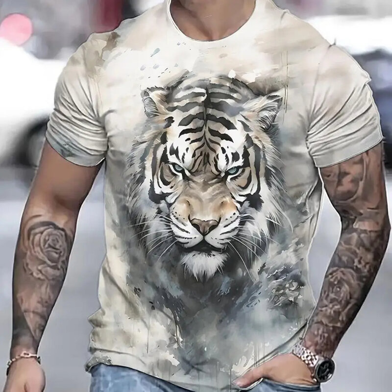 T-shirt harimau pria kaos 3D gambar hewan pria T-shirt lengan pendek Fashion pria Pullover pakaian pria kasual ukuran besar