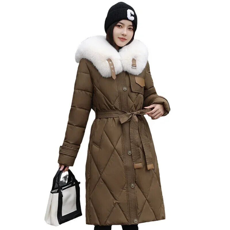 여성용 화이트 퍼 칼라 다운 코튼 파카 패딩 코트, 무릎 위 긴 허리, 따뜻한 두꺼운 파카 코트, 겨울 2023, 새로운 패션