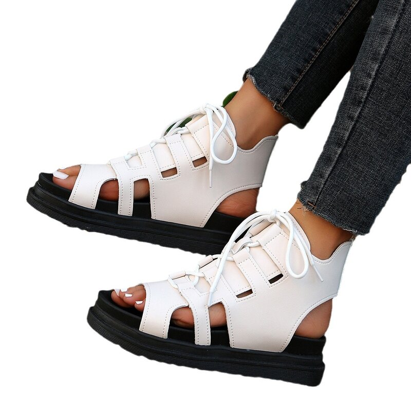 Summer Oversized Women's Sandals Thick Soled Sponge Cake Flat Bottomed Roman Sandals Solid Color, One Line Tie Fashionable