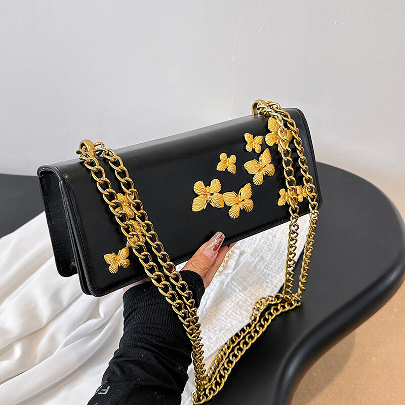 حقيبة كتف ذهبية فاخرة للنساء على شكل فراشة ، على الطراز الفرنسي ، حقيبة تسوق تحت الإبط ، حقيبة يد جلدية عالية الجودة ، حقيبة كروس بسلسلة