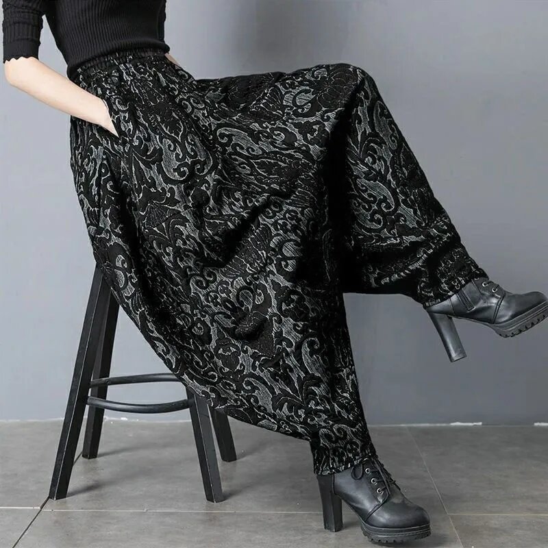 New Draping Autumn Winter Jacquard Bloomers Women Casual Loose Thicken Warm High Waist Vintage Wide Leg Harlan Pants Mom Pants