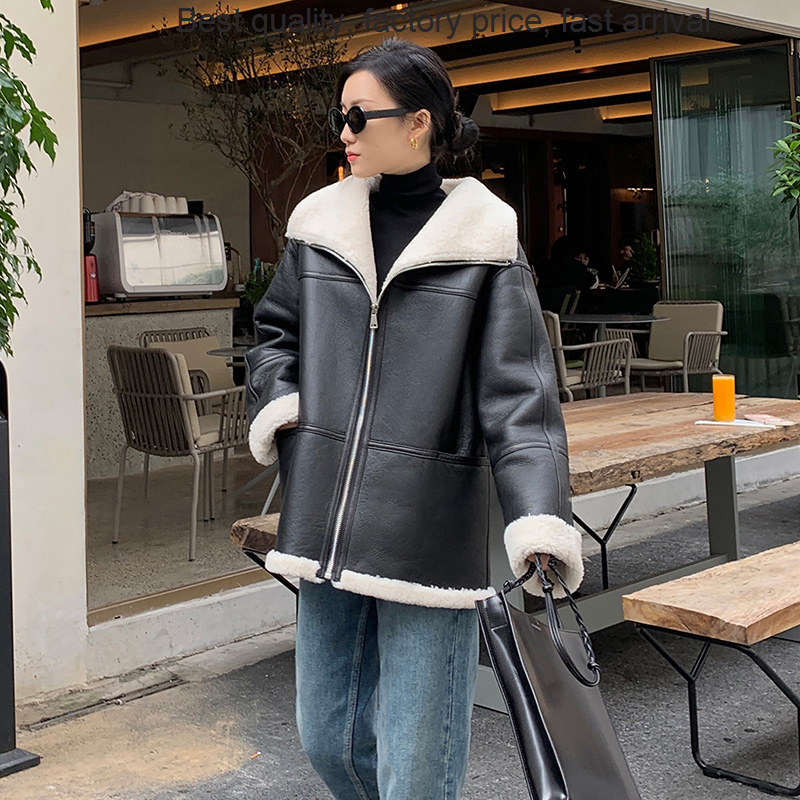 High quality luxury brand 2023 Women Jackets Shearing Real Sheepskin Leather Motorcycle Jacket Solid Simple Fur Lining Winter Wa
