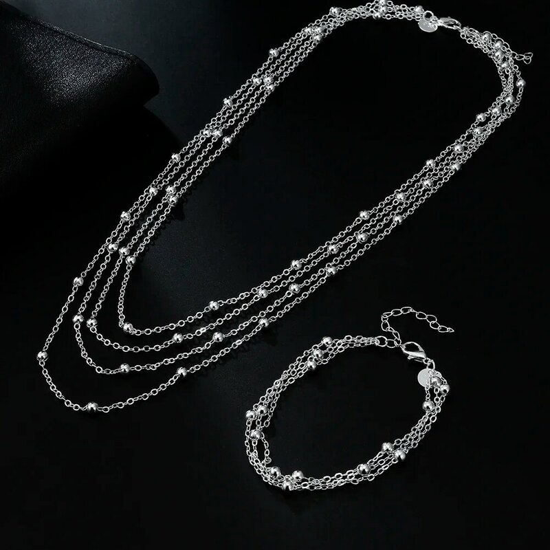 925hot venda cor banhado a prata cor corrente contas pulseira colar charme feminino conjunto de jóias de casamento lindo presente de natal