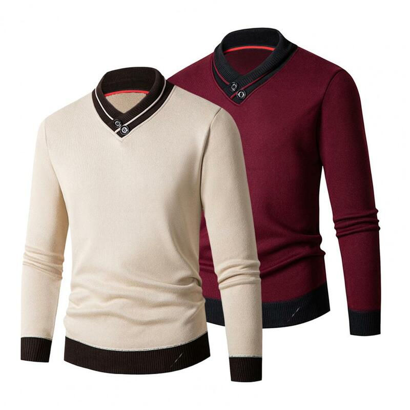 Sweater Slim Fit leher V pria, Sweater rajut tebal hangat elastis Slim Fit Pullover warna kontras panjang sedang untuk musim gugur