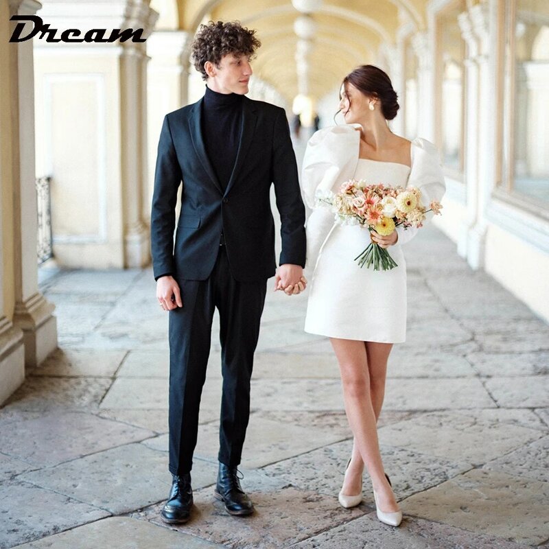 DREAM Long Bubble Sleeves Micro abito da sposa in raso semplice collo quadrato sopra il ginocchio Mini lunghezza abiti da sposa retrò